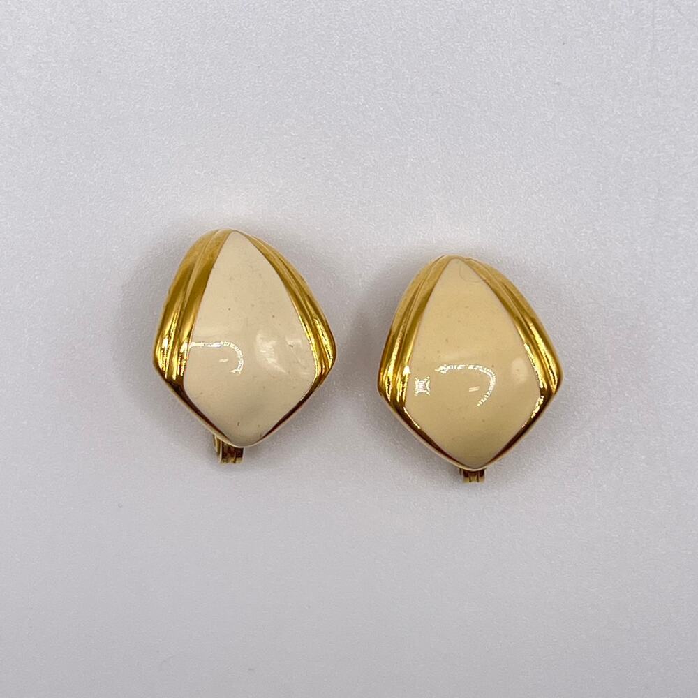 Vintage Monet Clip On Earrings Gold Tone Ivory White Enamel Diamond Shape